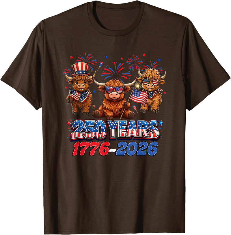 Scottish Highland Cow Print 250th Anniversary Gift 250 Years America Anniversary Cow 4th July America 1776 2026 T-Shirt -