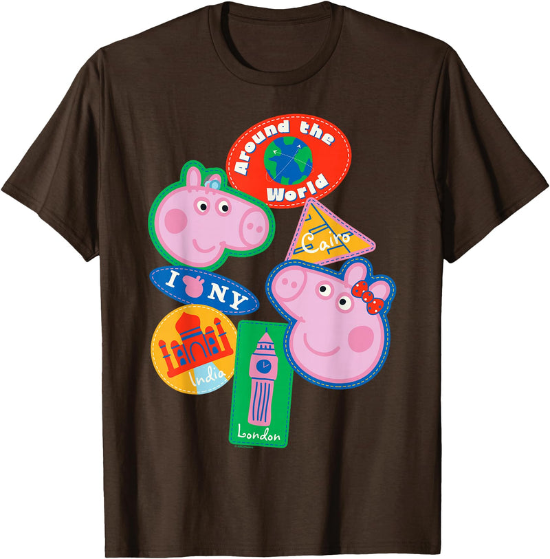 Peppa Pig Travel Patches Around The World Cairo India London T-Shirt - Brown