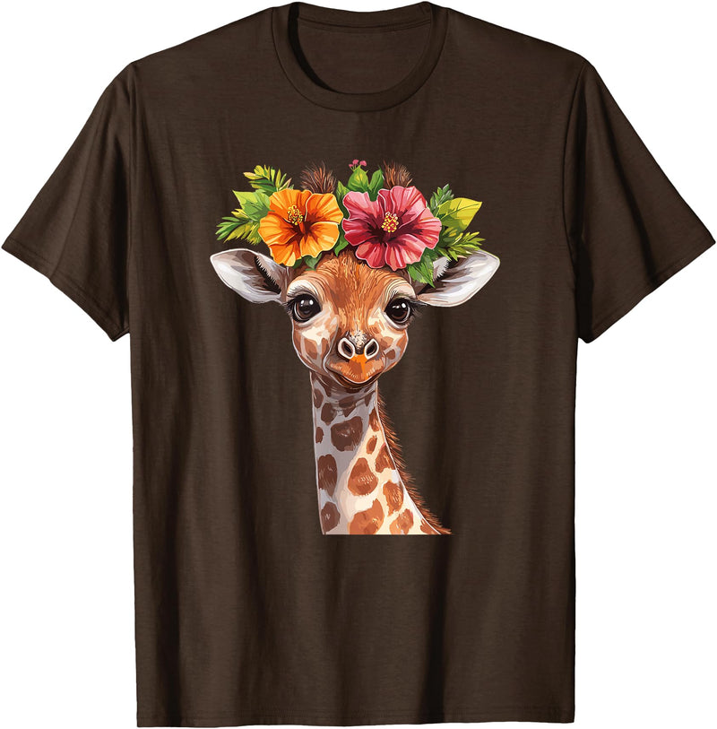 Aesthetic Giraffe Art Cute Floral Giraffe With Flower Crown T-Shirt - Brown