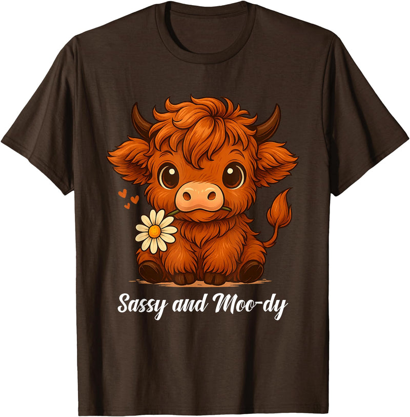 Sassy Moo-dy Cute Highland Cow Tees Sassy and Moo-dy Highland Cow Funny Farm Animal Art T-Shirt - Brown