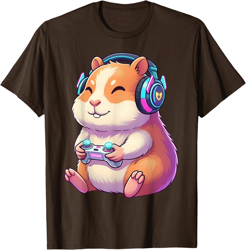 Funny Cute Hamster Gamer Adorable Video Game Animal Design T-Shirt - Brown