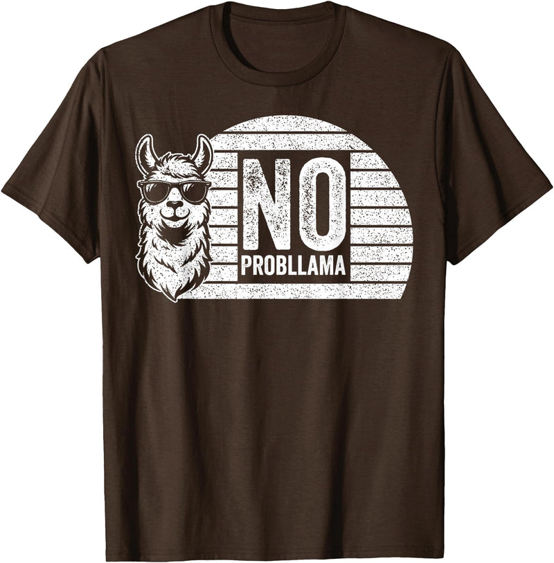 Teetro No Probllama Cool Llama Sunglasses Humor Animal T-Shirt - Brown