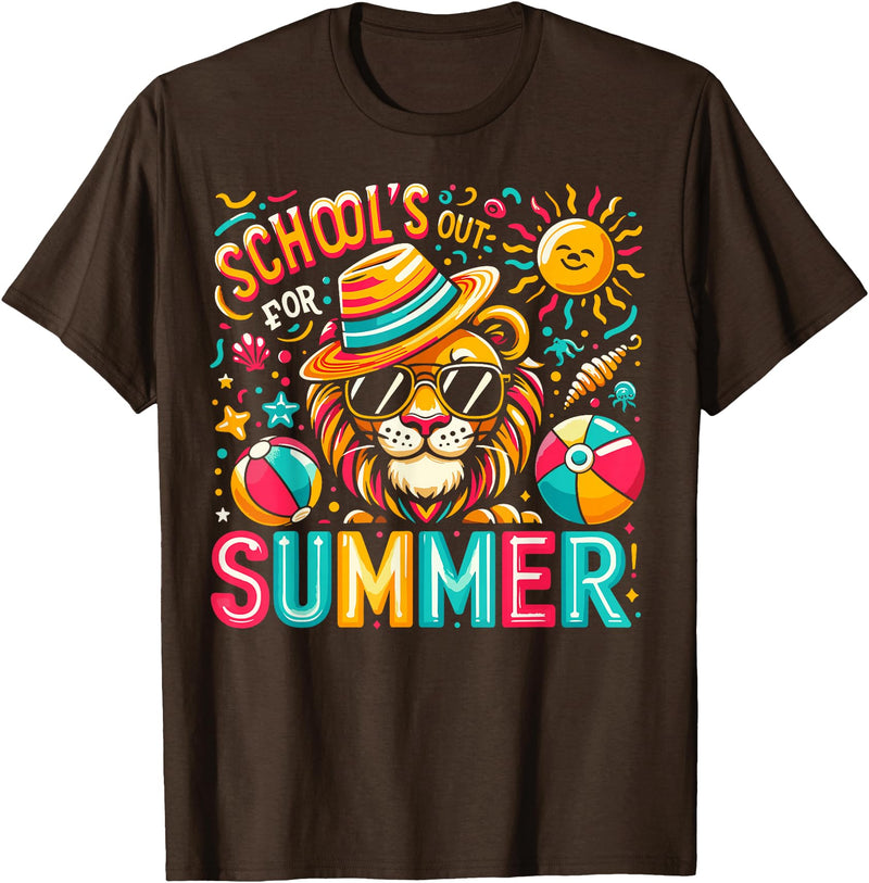 End of School Year Classroom Party Decor Gifts Schools Out For Summer Last Day Of School Boy Kids Lion T-Shirt - Brown
