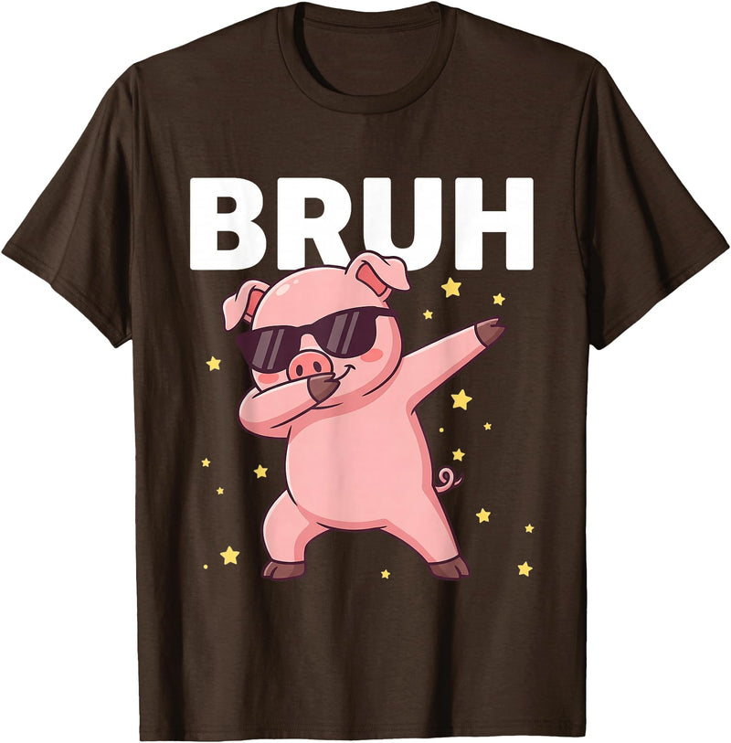 Funny Dabbing Pig Tee for Men Women Kids Bruh Dabbing Pig Sunglasses Funny Pig Dabbing Cute Animal T-Shirt - Brown
