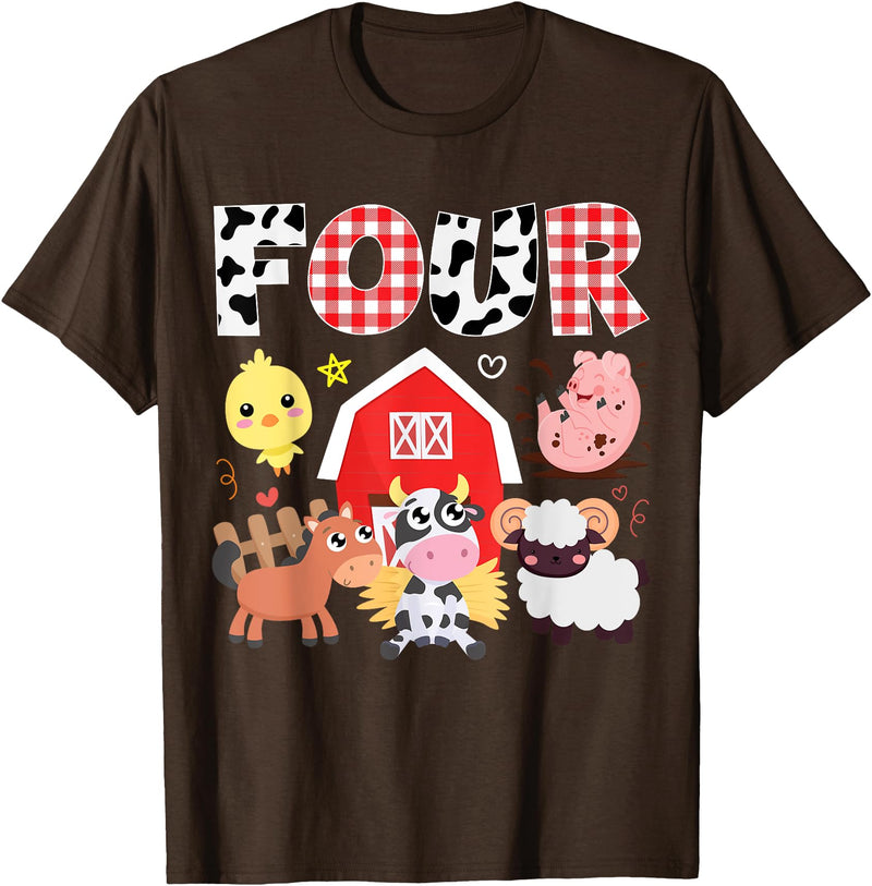 Farm Animals Cow Themed Birthday Party Family Tees 4th Birthday Four Year Old Farm Theme Animals Birthday Party T-Shirt -