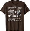 apparelaxArt Living Life Somewhere Between Jesus Take The Wheel Cow T-Shirt - Brown