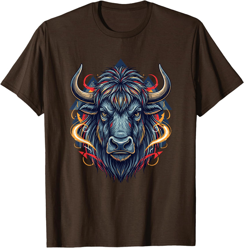 Wild Buffalo Bison Tribal Western Spirit Fierce Wild Bison Head Tribal Geometric Buffalo T-Shirt - Brown