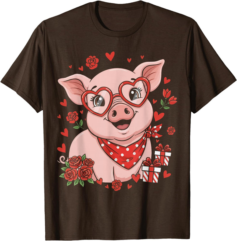 Pig Valentine Heart Love Cute Animal Lover Pig Cute Farm Animal Sunglasses Heart Love Valentine T-Shirt - Brown