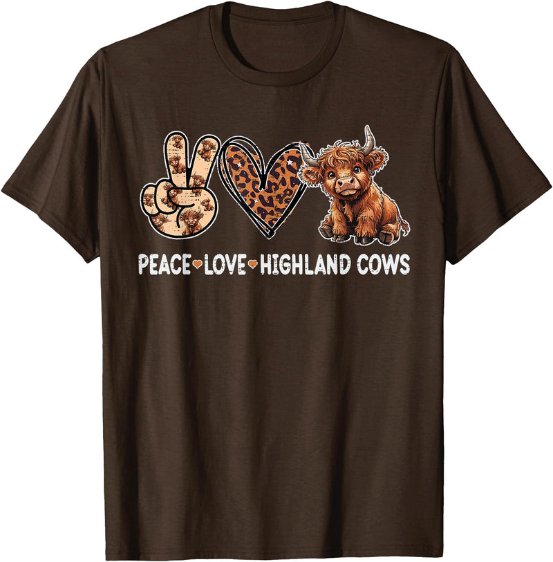 Highland Cow shirts for Girls Women Kids Peace Love Highland Cows Funny Beef Farmer Farm Cow Lover T-Shirt - Brown