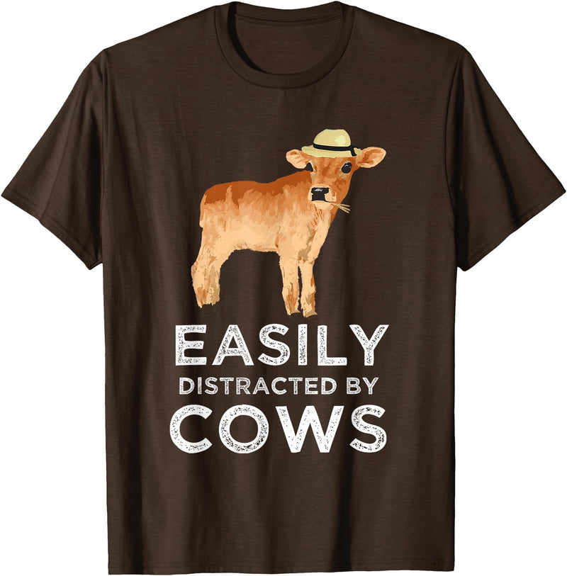 Cartba Cow Co. Fun Cute Easily Distracted By Cows Unisex-Adults Black T-Shirt - Brown