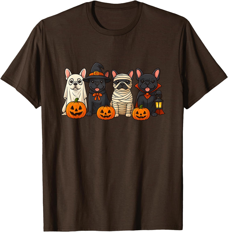 Ghost Bulldog Halloween French Mummy Dog Lover French Bulldog Ghost Witch Pumpkins Halloween Dog Costume T-Shirt - Brown