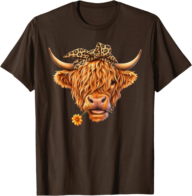 Highland Cow Lover Western Cowgirl Cowboy Farmer Cute Highland Cow Leopard Bow Bandana Western Cowboy Cowgirl T-Shirt - Brown