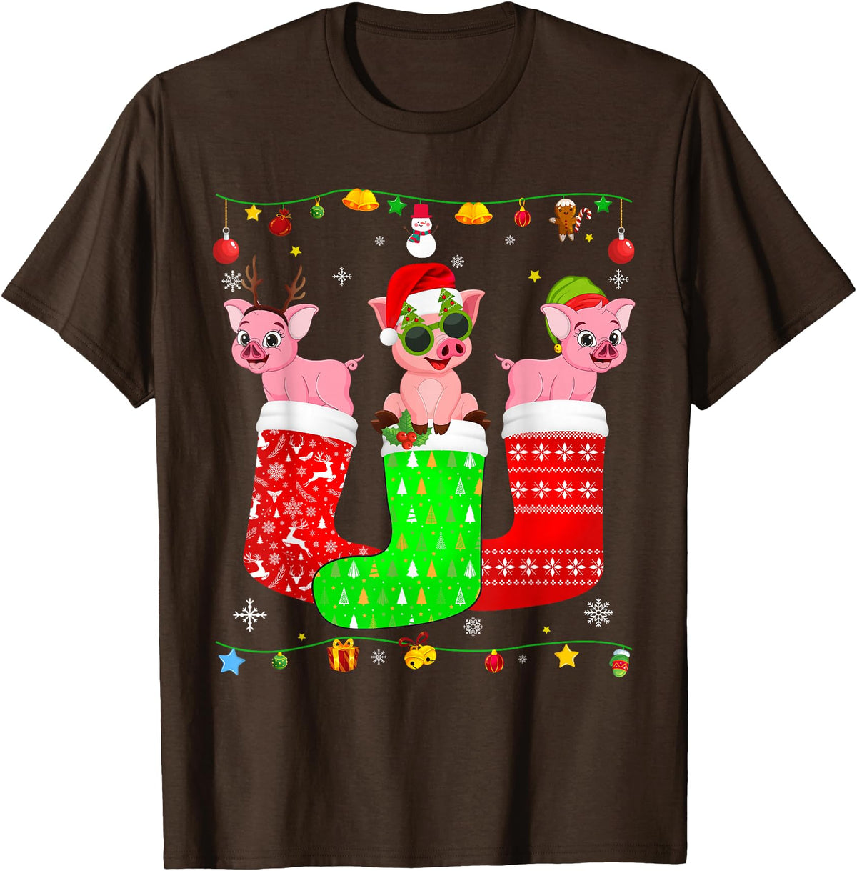 Christmas Pajama Top Matching Outfit Co Three Pig In Christmas Socks Matching Xmas Pajama T-Shirt - Brown