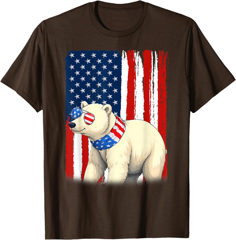 Patriotic USA Flag Polar Bear 4th of July Co. Polar Bear US America Flag Men Women 4th of July Patriotic T-Shirt - Brown