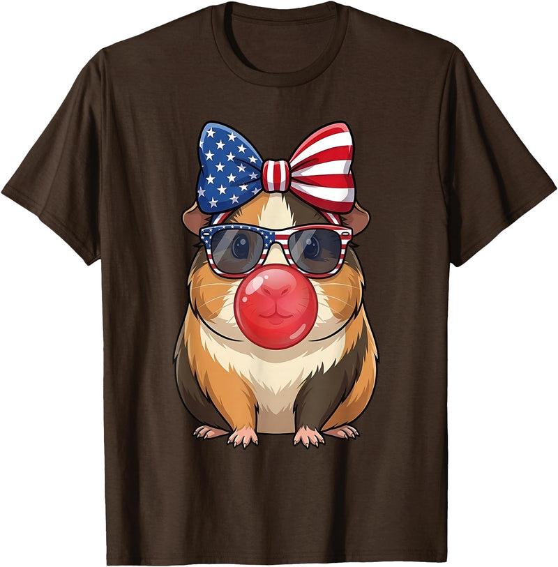 Cute Guinea Pig Bubble Gum Coquette Bow Girls Kids Patriotic Guinea Pig 4th of July Bow American Flag Girls T-Shirt - Brown