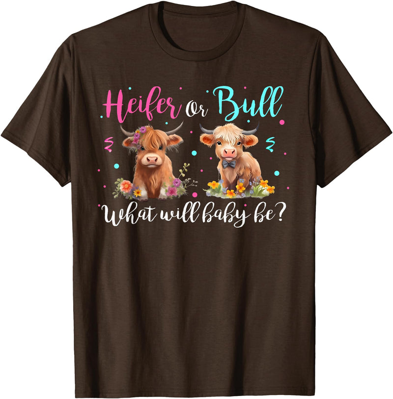 Heifer or Bull Gender Reveal Decorations & Gifts Highland Cow Print Heifer Or Bull Gender Reveal Baby Shower T-Shirt - Brown