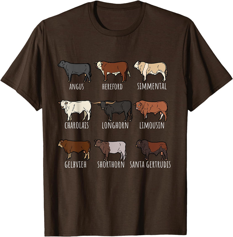 Cattle Breed Livestock Enthusiasts,Cattle Farmers Type of Cow Breed Cattle Collection West Bulls Angus Farmer T-Shirt - Brown