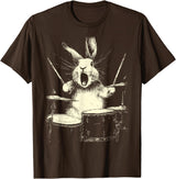Cute Rabbit Playing Drums Funny Music Animal Drummer Graphic T-Shirt in Brown