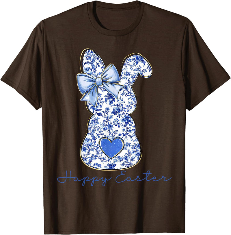 Happy Easter Chinoiserie Floral Bunny Cute Blue Bow Coquette T-Shirt in Brown
