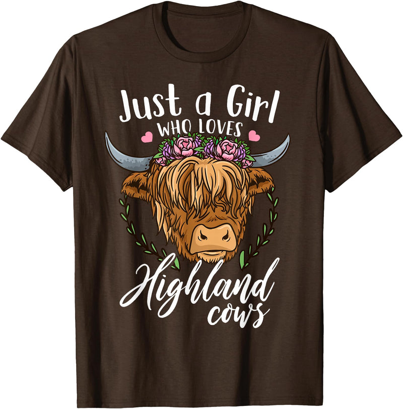Scottish Highland Cow Lovers Scottish Highland Cow Just a Girl Who Loves Highland Cows T-Shirt Small - Brown