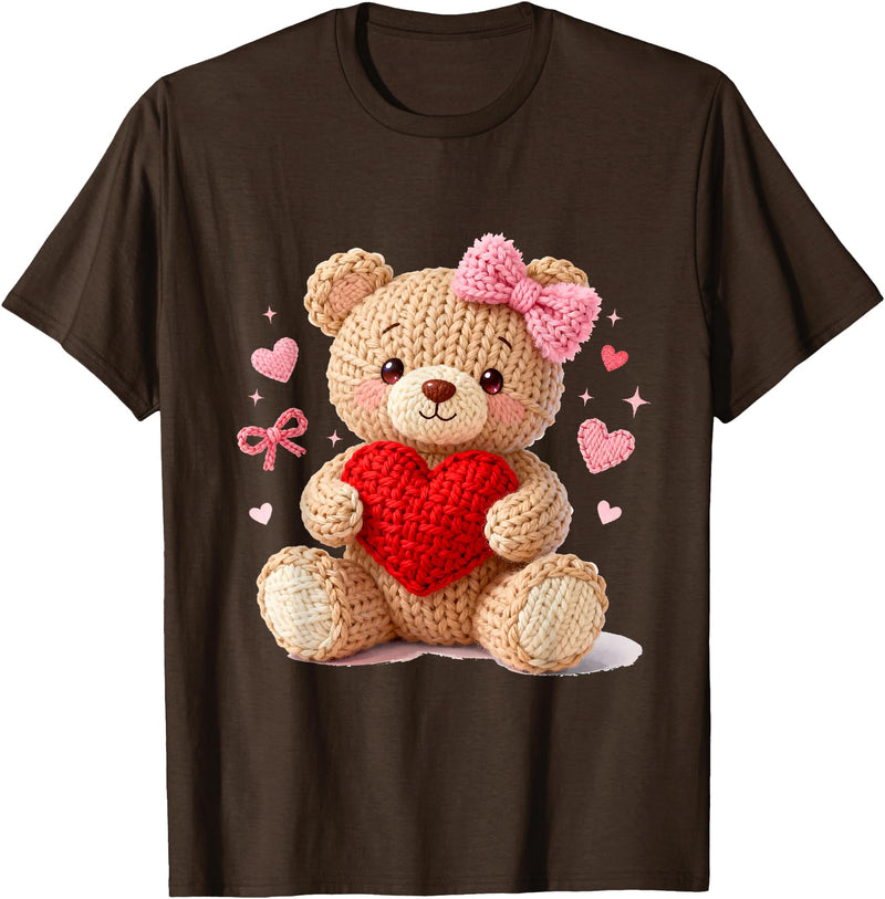 Cute Crochet Valentine Love Art Studio Be My Valentine Cute Crochet Yarn Teddy Bear Love T-Shirt - Brown