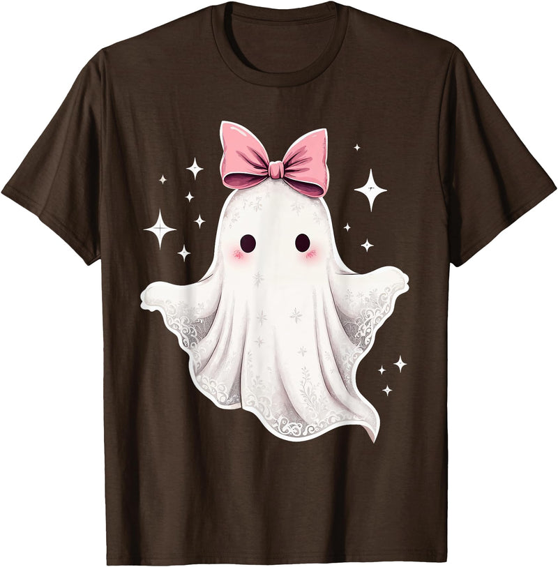 Halloween Ghost Coquette Bow Tee Ghost Coquette Bow Halloween Kawaii Girls Women Spooky T-Shirt - Brown