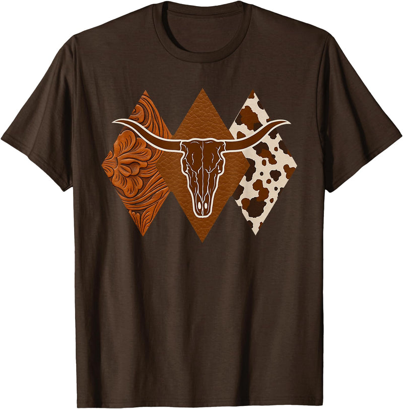 Boho Bull Skull Rodeo Culture Cowgirl Cowboy Gifts Boho Cow Skull Western Country Longhorn Country Concert T-Shirt - Brown