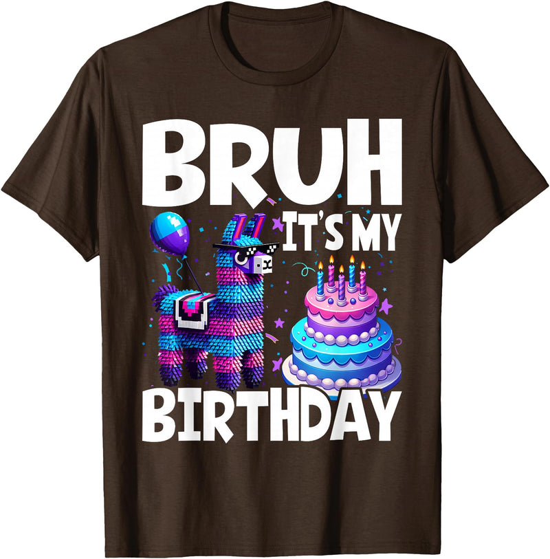 Llama Lover Gift Co. Bruh Its My Birthday Llama Pinata T-Shirt - Brown
