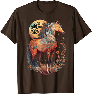 Just a girl who loves horses Co. Just a Girl who Loves Horses - Bohemian Horse Lover Themed T-Shirt - Brown