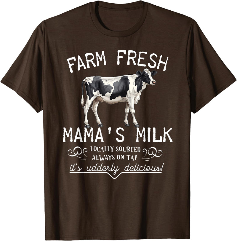 New Mommy Breastfeeding HumorDesigns for Women Funny Breastfeeding Mama's Milk Cow Farm Lacatation New Mom T-Shirt - Brown