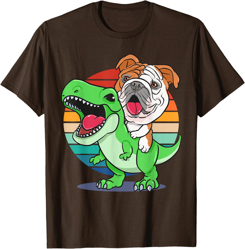 English Bulldog Funny Dinosaur Kids Mom Gift Tees Funny English Bulldog Riding Cute T-Rex Dinosaur Dog Mom T-Shirt - Brown