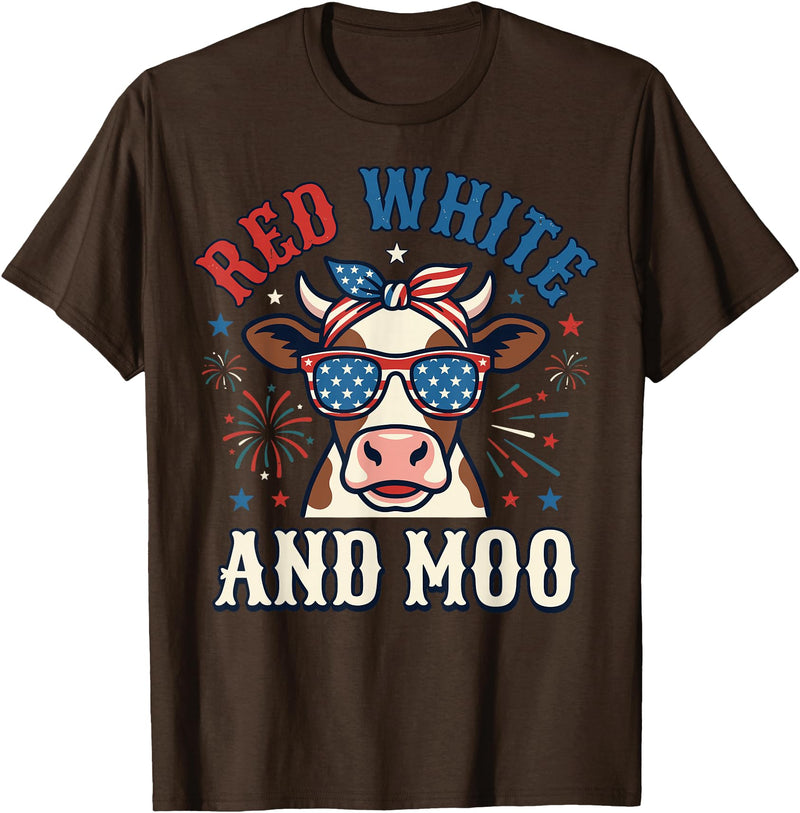 Patriotic Farm Cow Independence Day Red White and Moo Patriotic USA Flag Cow 4th of July T-Shirt - Brown
