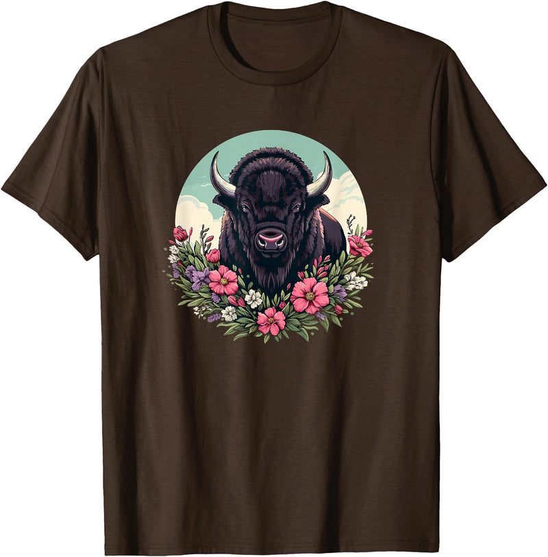 Wild Plains Buffalo Bison Gifts T Shirts & Hoodies Womens Girls Old West Retro Vintage Floral Buffalo Lover T-Shirt - Brown