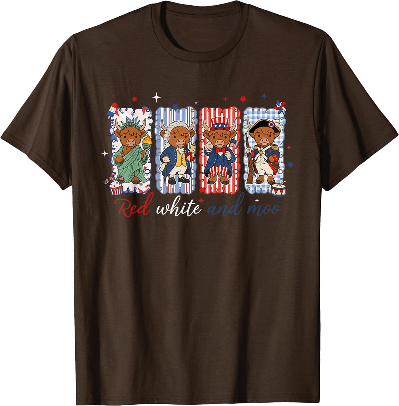 Red White Moo Patriotic Highland Cow Red White and Moo Highland Cow USA 4th of July 250th Years T-Shirt - Brown