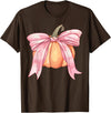 Coquette Halloween Tees NYC Coquette Autumn Pumpkin Pink Bow Girly Halloween Fall Women T-Shirt - Brown