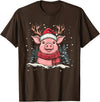 Funny Pig Christmas Outfit Pig Reindeer Santa Hat Christmas Xmas T-Shirt - Brown
