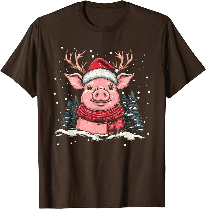 Funny Pig Christmas Outfit Pig Reindeer Santa Hat Christmas Xmas T-Shirt - Brown