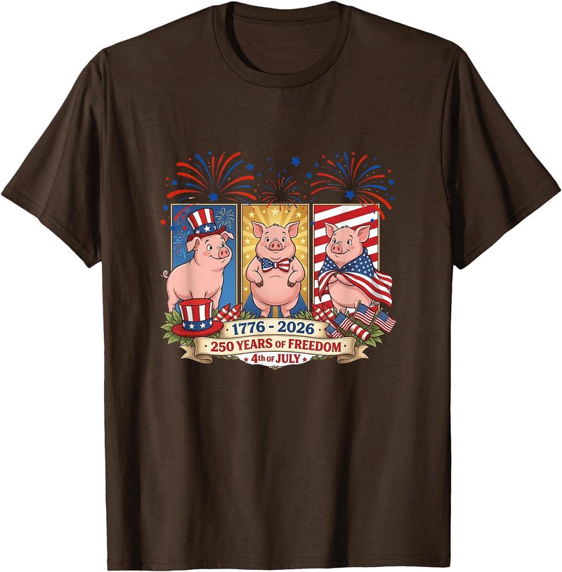 Farmer 4th Of July Costume 1776-2026 Proud 250th Freedom 4th July Three Cute Pigs T-Shirt - Brown