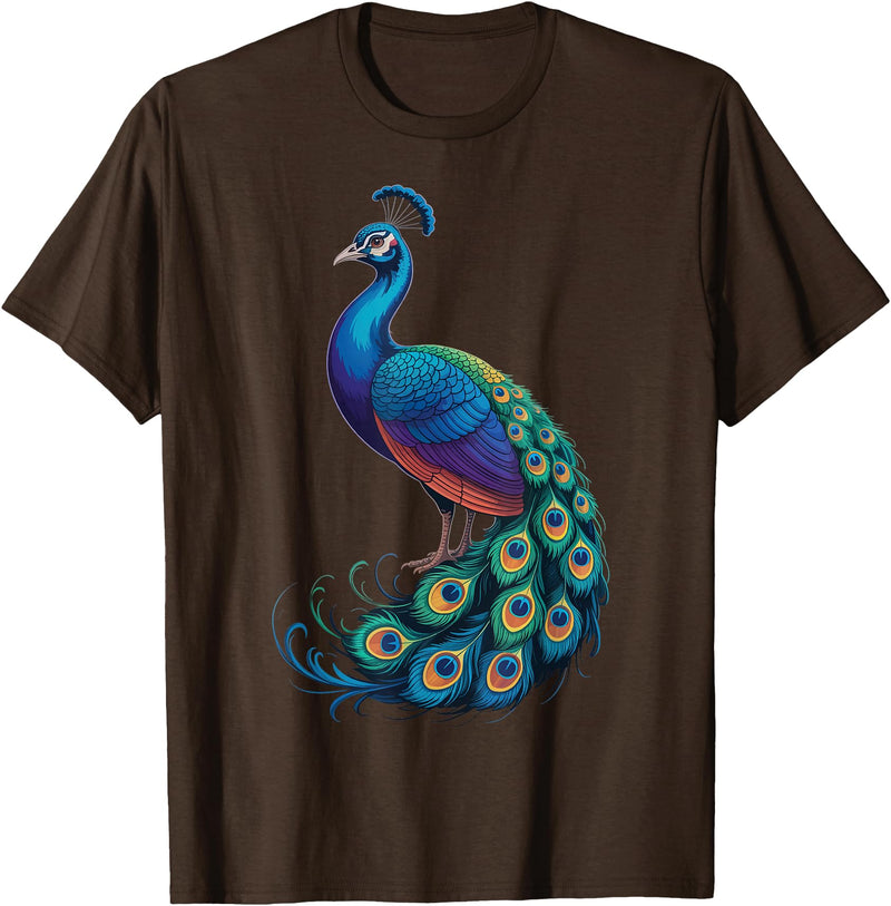 Peacock Peafowl Colorful Bird Peacock Illustration T-Shirt - Brown