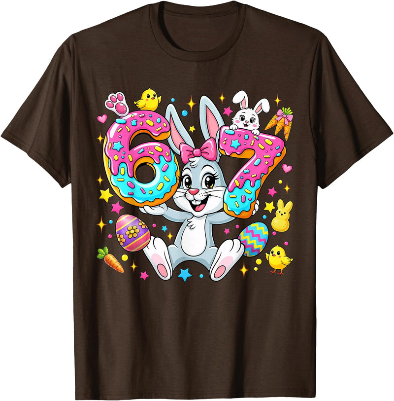 67 Six Seven Meme 6 7 Cute Rabbit Bunny Easter Day Girl Kids T-Shirt in Brown