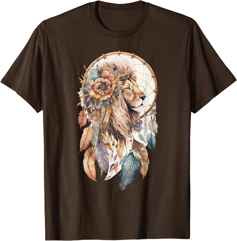 More Tribal Native American Totem Animal Art Lion Tribal Watercolor Lion Dream Catcher T-Shirt - Brown