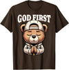 Christian Hip Hop Hustle Praying Teddy Bear Design God First Hip Hop Teddy Bear Cross Christian Streetwear Pray T-Shirt - Brown