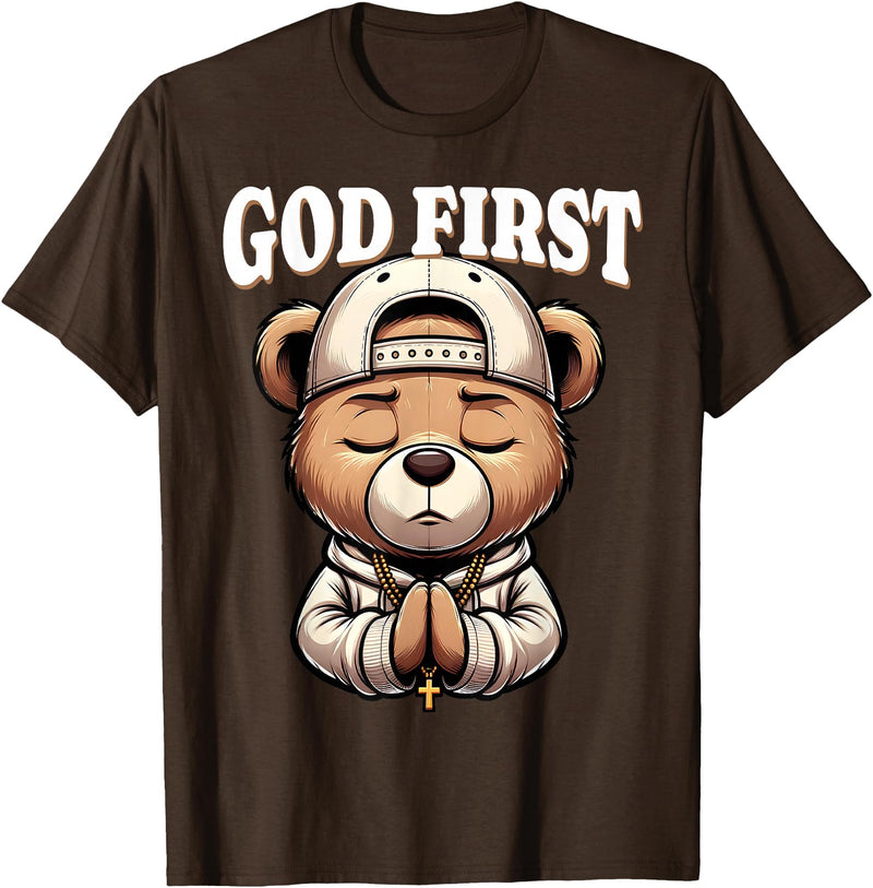 Christian Hip Hop Hustle Praying Teddy Bear Design God First Hip Hop Teddy Bear Cross Christian Streetwear Pray T-Shirt - Brown