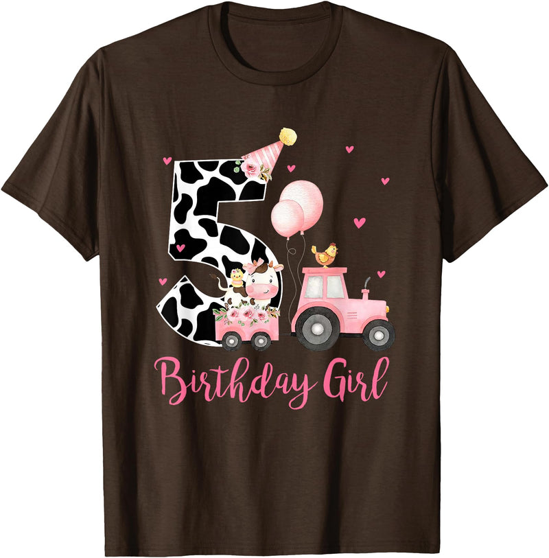 Milk Cow Print 5 Year Old Girl Birthday Gift 5th Birthday Outfit Girl 5 Year Old Farm Cow Chick Tractor T-Shirt - Brown
