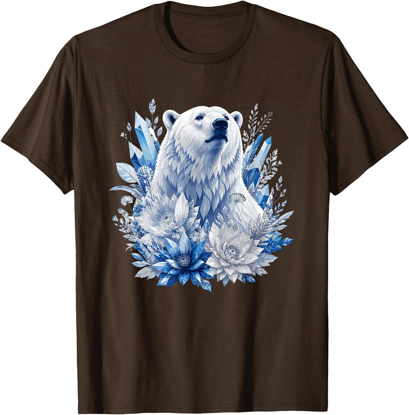 Arctic Polar Bear Crystal Flowers Nature Majestic Arctic Polar Bear with Ice Flowers Fantasy T-Shirt - Brown