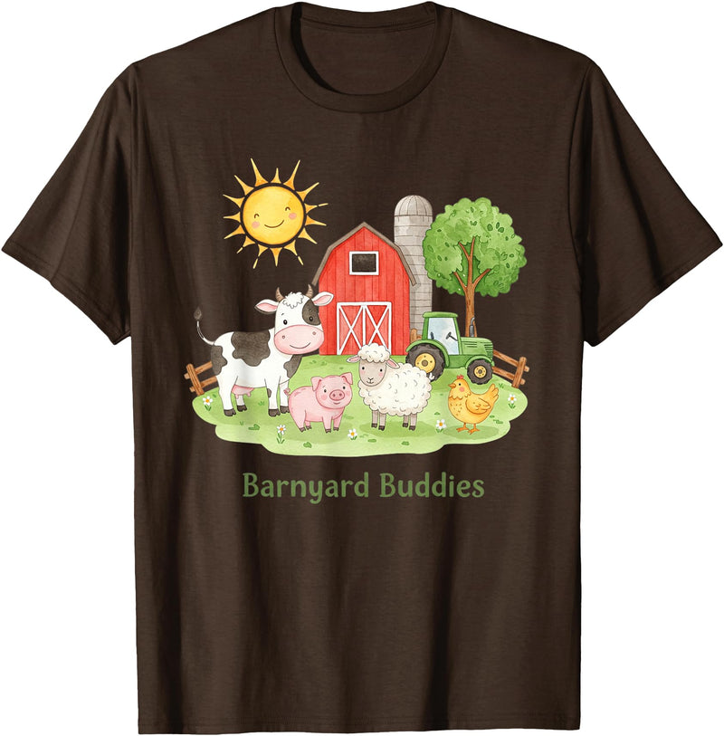 Little Barnyard Farm Apparel For Toddler & Kids Barnyard Buddies Cute Cow Sheep Pig Hen On The Farm Barnyard T-Shirt - Brown