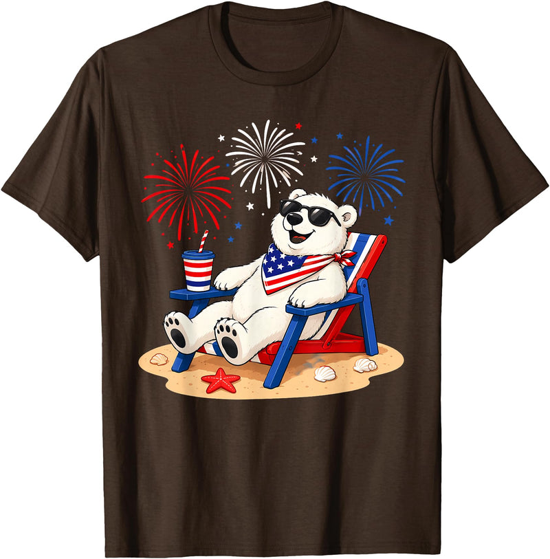 Polar Bear Patriotic Happy Beach Paws Co 4th of July Polar Bear Happy Beach Patriotic Animal Lovers T-Shirt - Brown
