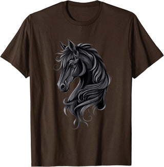 Artful Horse Designs Black Horse Portrait – Friesian Horse T-Shirt - Brown