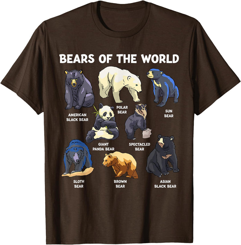 GoshWow Bears of The World Kawaii Types of Bears Wildlife Zoo Bear T-Shirt - Brown
