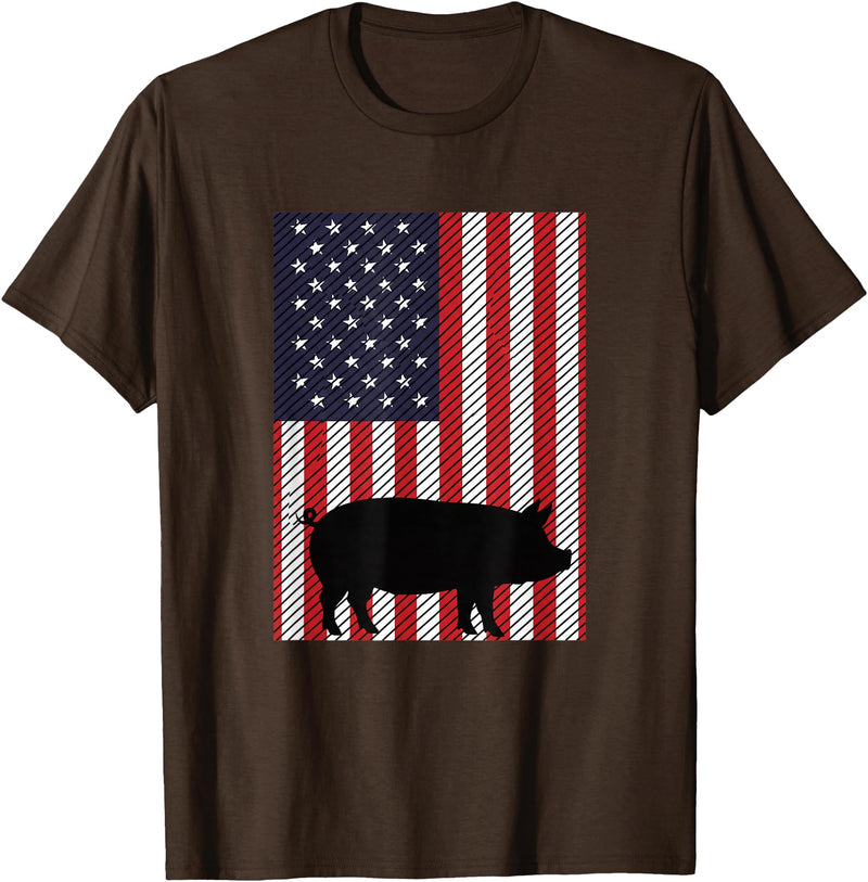 Farm Pig Patriotic United States Flag Kids Animal Patriotic Pig Silhouette American Flag Farm Kids Fourth T-Shirt - Brown